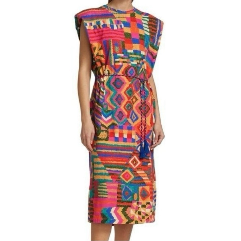 🪘 FARM Rio Multicolor Geometric Patches Tribal twist rope belted Dress Large - Picture 2 of 14